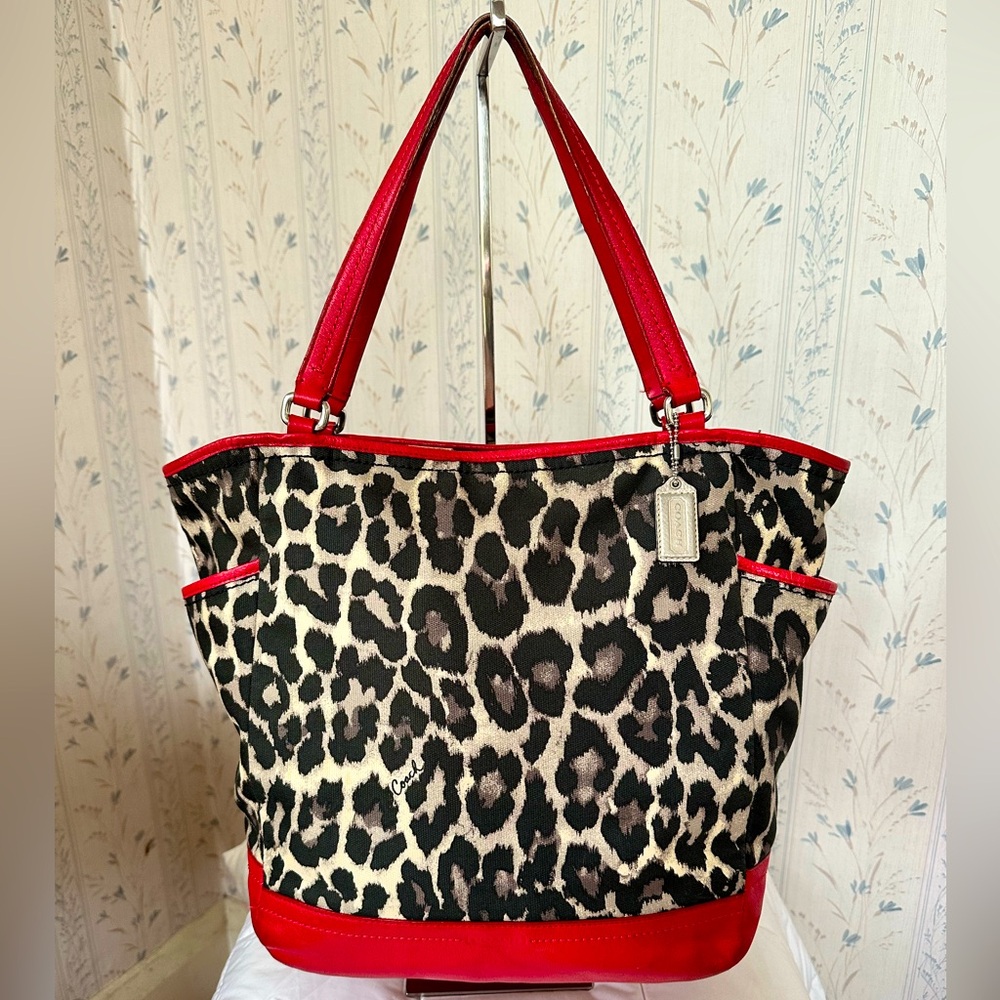 Coach Leopard Print Tote with Red Leather Trim